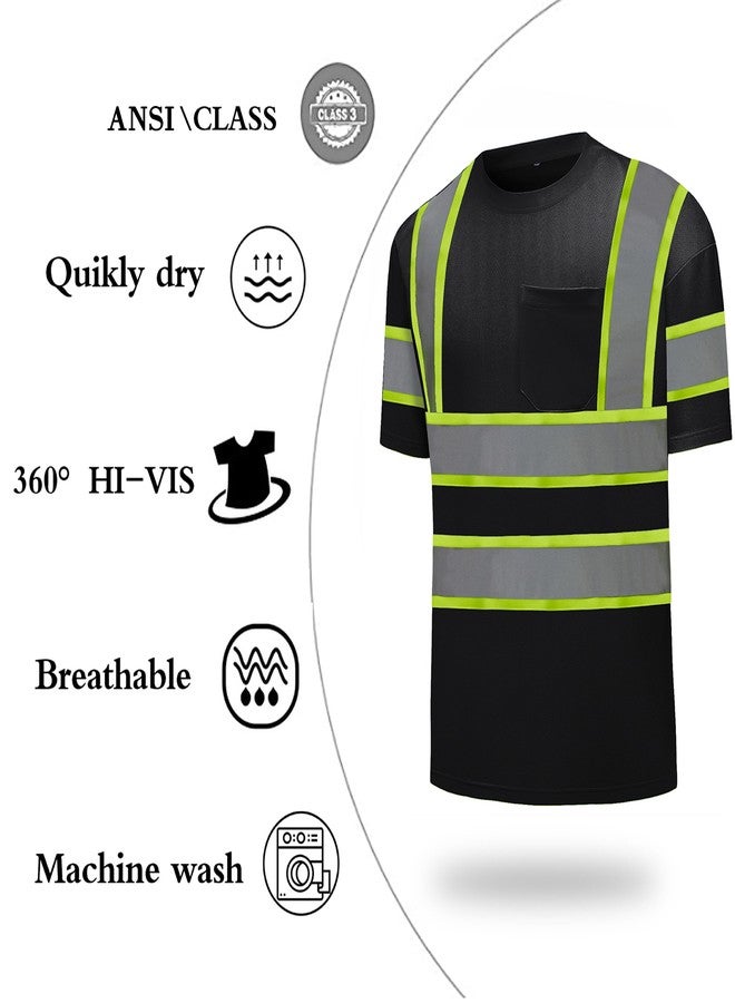 DPSAFETY High Visibility Shirts Quick Dry Safety T Shirts with Reflective Strips and Pocket Short Sleeve Mesh Hi Vis Construction Work Class 2 Shirt for Men/Women Black,XL - Image 3